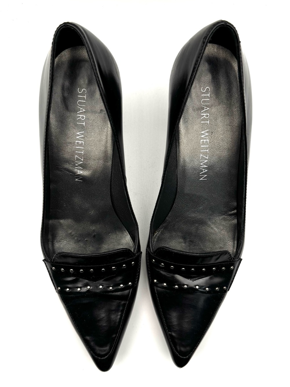 Stuart Weitzman Black Patent Leather Studded Point Toe Loafer Block Heel Pumps